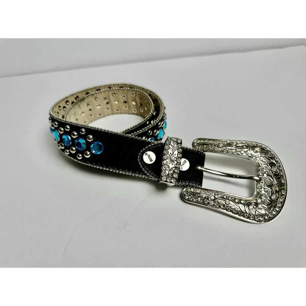 Western Hair On Hide Belt Size 24 Turquoise Studded Rhinestone Silver Buckle